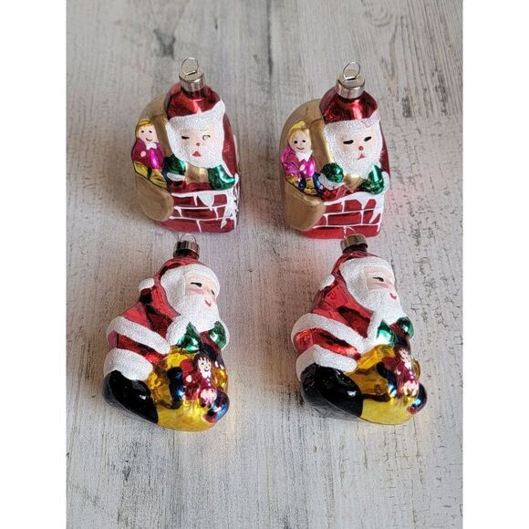 Blown glass Santa Claus chimney toy bag ornament set glitter Xmas - Picture 1 of 8